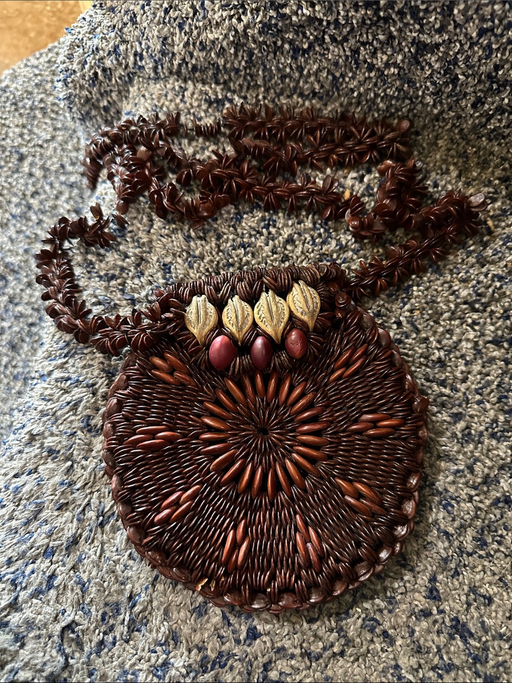 Handwoven Round Rattan Crossbody Bag with Bead & Seed Accents boho.